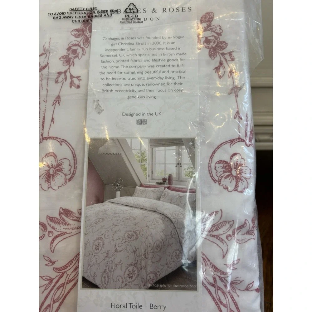 Cabbages & Roses King Duvet Set Floral Toile - Berry 100% Cotton NEW‎
